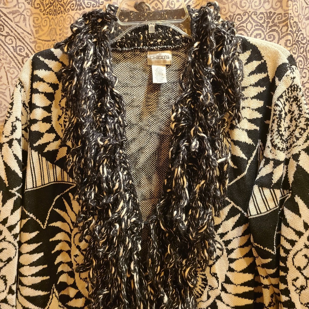 Chico's Cardigan Women Plus Size 3 Black Silk Cotton Sunburst Fringe Open Front - Picture 3 of 9